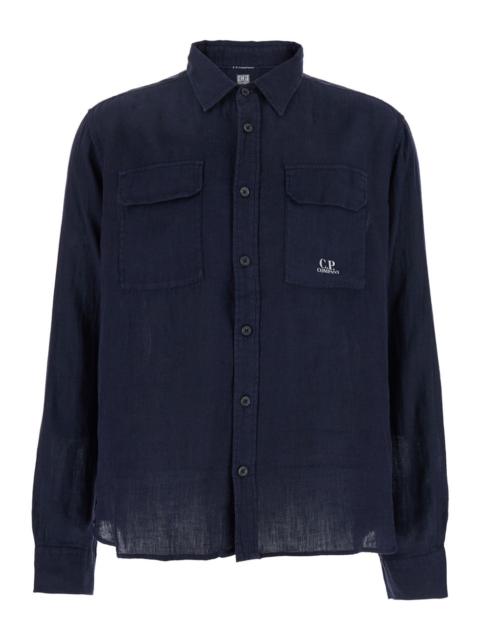 C.P. Company Men Blue Shirt With Lettering Logo Printed On The Front In Linen Man