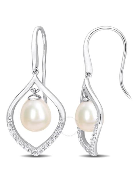 Other Designers AMOUR 8-8.5mm Freshwater Cultured Pearl and 1/3 CT TGW White Sapphire Open Hook Earrings In Sterling