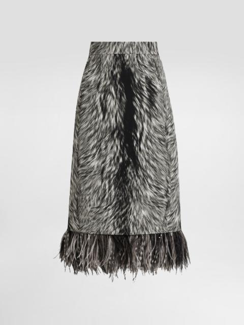 Dolce & Gabbana Charmeuse calf-length pencil skirt with fur print and feathered detailing