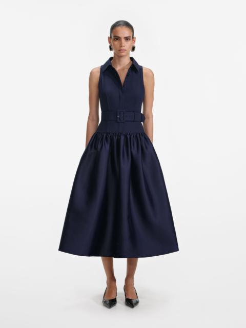self-portrait Navy Belted Twill Midi Dress