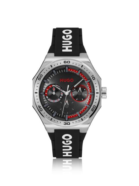 HUGO SILVER-TONE WATCH WITH SILICONE LOGO STRAP