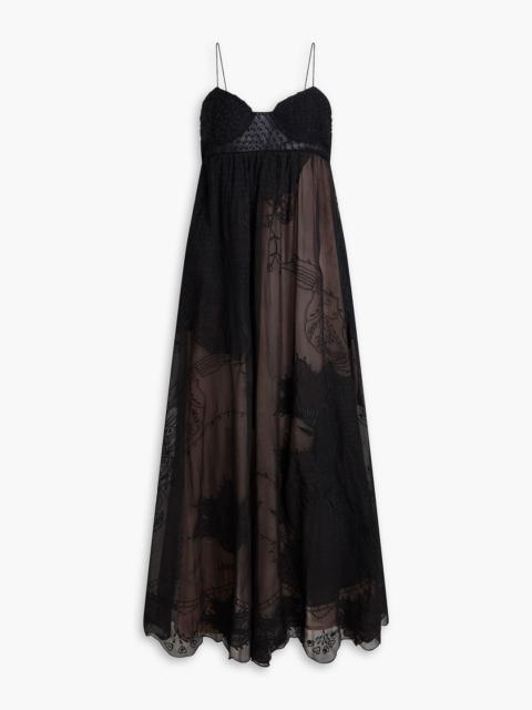 FARM RIO Embroidered point d'esprit and organza midi dress