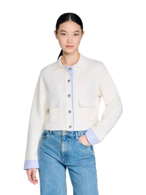 Sandro SANDRO Polo cardigan with poplin details in Ecru at Nordstrom