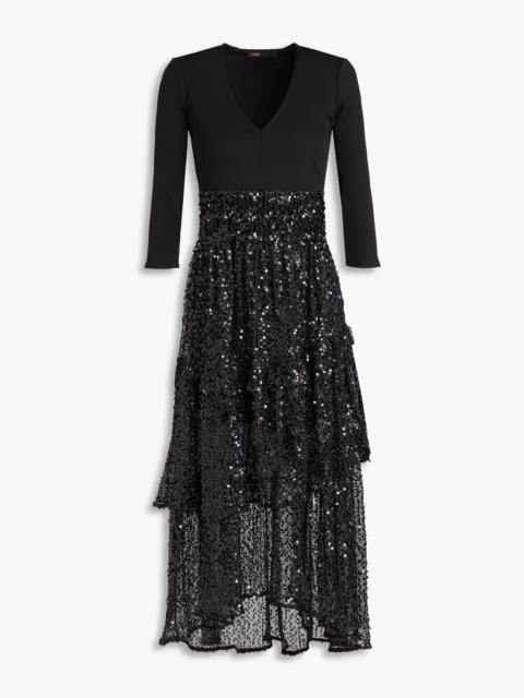 maje Sequined tiered open-knit and stretch-jersey midi dress