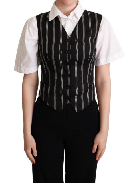 Dolce & Gabbana Black Striped Leopard Print Waistcoat Vest