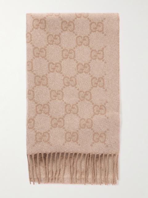 GUCCI Fringed Logo-jacquard Metallic Cashmere-blend Scarf