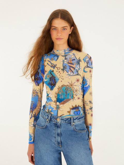 FARM RIO Sand Mystical Long Sleeve Tulle Blouse