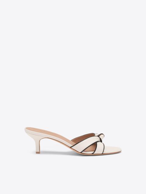 MALONE SOULIERS Raquel 45 White & Black Knotted Leather Kitten Heel Sandals
