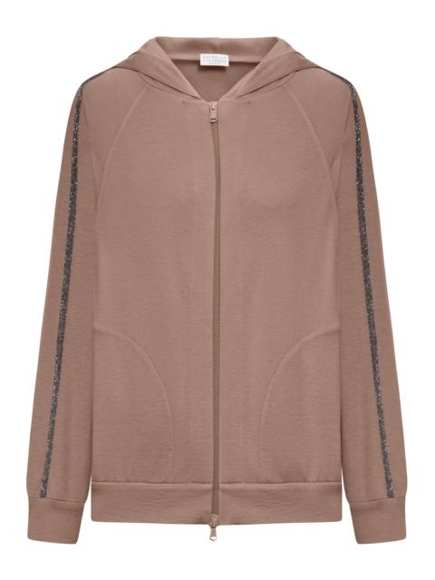 Brunello Cucinelli COTTON AND SILK INTERLOCK TOPWEAR WITH HOOD AND PRECIOUS STRIPE