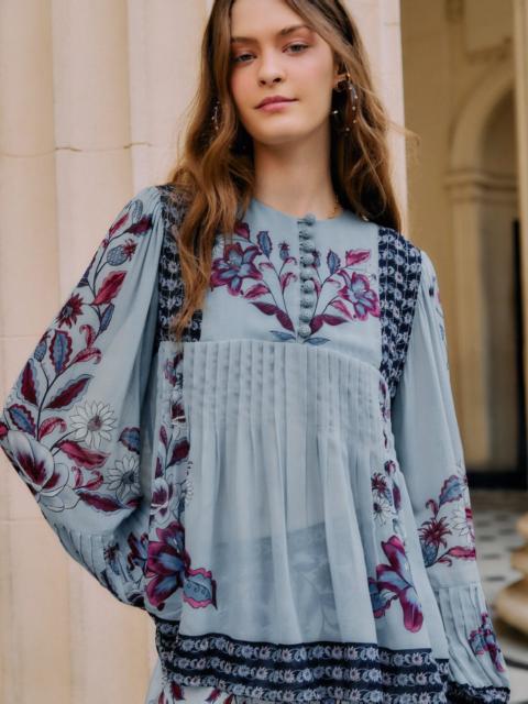 FARM RIO Soft Blue Marcelle Crochet Buttons Pleated Blouse