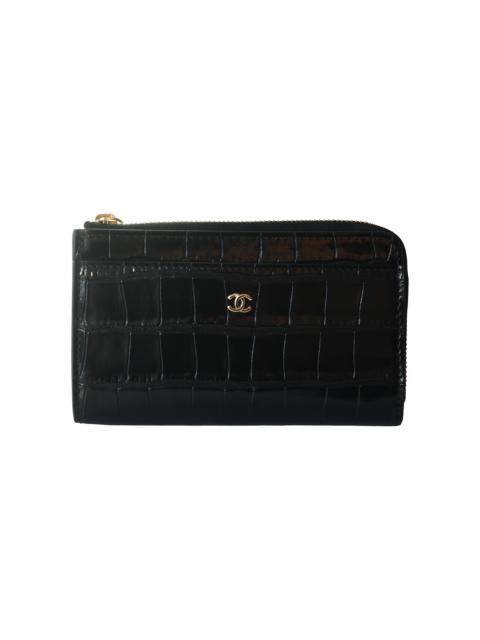 CHANEL Chanel Crocodile Embossed Calfskin Fragment Case Zipped Card Holder Black