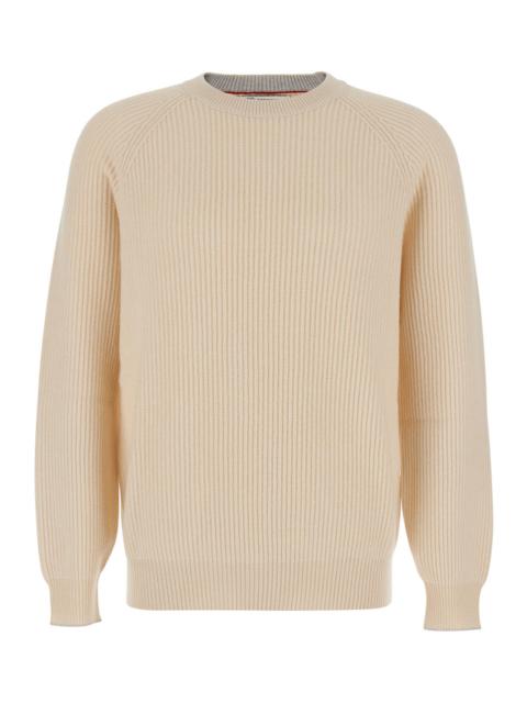 Brunello Cucinelli Brunello Cucinelli Men White Crew Neck Sweater With Ribbed Design In Cashmere For Men
