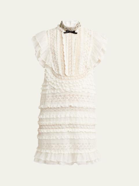 Valentino Crystal Neckline Ruffle Bow Linen Dress