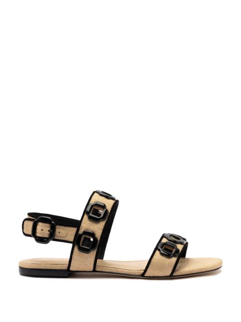 Larroude - Larroude Milan Flat Sandal In Beige Raffia Black-Trim