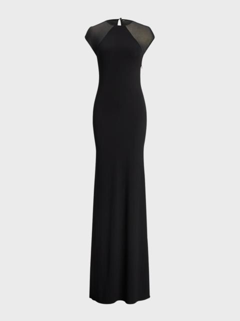 Ralph Lauren Sheer-Sleeve Jersey Column Maxi Dress