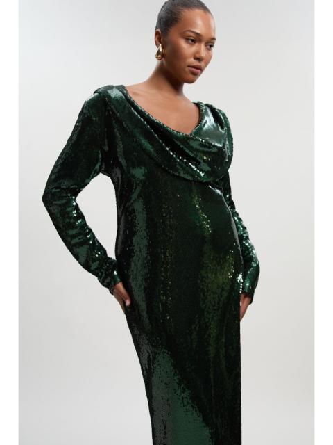 KAREN MILLEN Plus Size Sequin Plunge Cowl Neck Strong Shoulder Long Sleeve Midi Dress