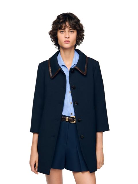 Sandro SANDRO Coat with leather stripes in Navy Blue at Nordstrom
