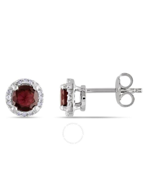 Other Designers AMOUR Garnet and Diamond Halo Stud Earrings In Sterling Silver
