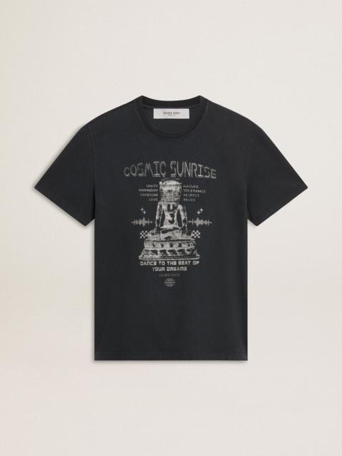 Golden Goose Men’s worn-black cotton T-shirt with print on the front
