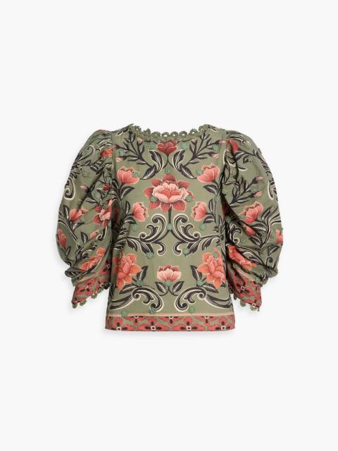 FARM RIO Appliquéd floral-print cotton-voile blouse