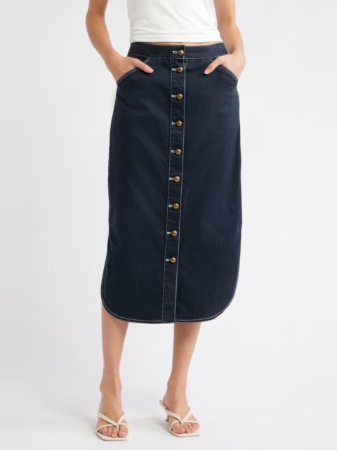 Love the Label LOVE THE LABEL Apolline Button Front Midi Denim Skirt in Pagent Blue at Nordstrom