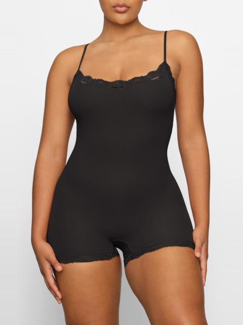 SKIMS SKIMS Lace Trim Romper in Onyx at Nordstrom
