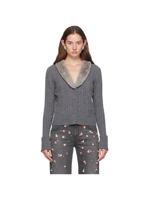 Blumarine Gray Faux-Fur Collar Cardigan