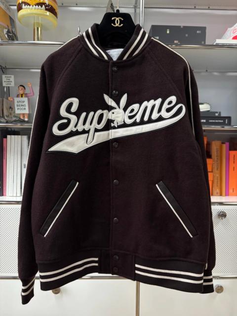 Supreme Supreme x Playboy Brown and White Striped Wool Baseball Jacket
