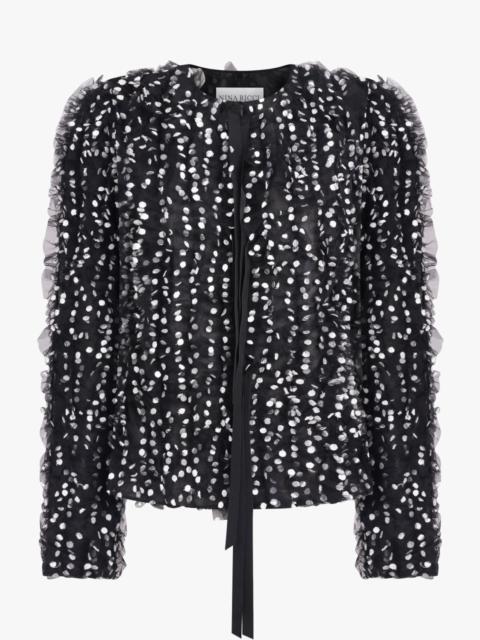 NINA RICCI EMBELLISH POLKA DOT CROP JACKET | BLACK/WHITE