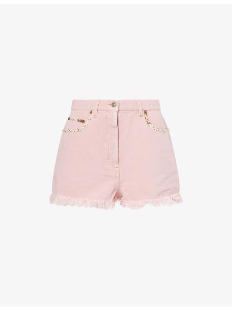Valentino Floral-Pocket Frayed Denim Shorts