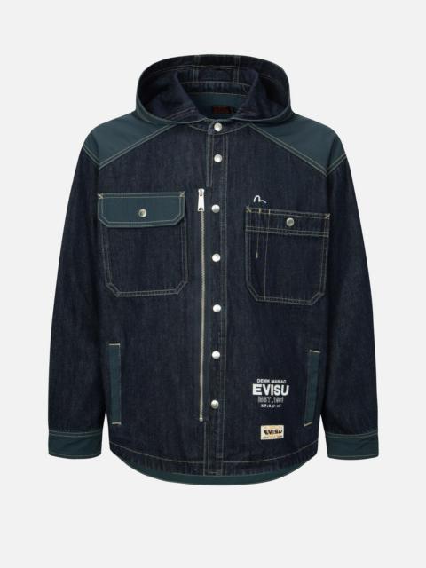 EVISU Logo Print Loose Fit Hooded Denim Shirt Jacket