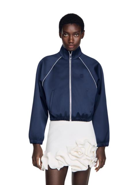 Sandro SANDRO Embroidered cropped satin jacket in Navy /Black at Nordstrom