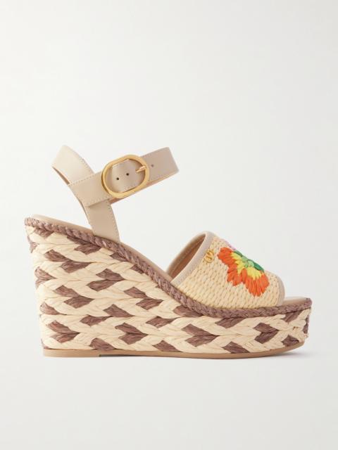 Valentino Leather And Floral-embroidered Raffia Wedge Espadrilles