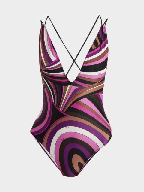 Iride-Print V-Plunge Backless One-Piece Swimsuit