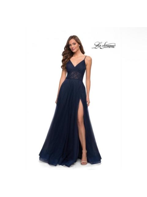 Other Designers NWT La Femme 29076 Illusion A-Line Tulle Ballgown Dress Navy Sz 6 $448‎