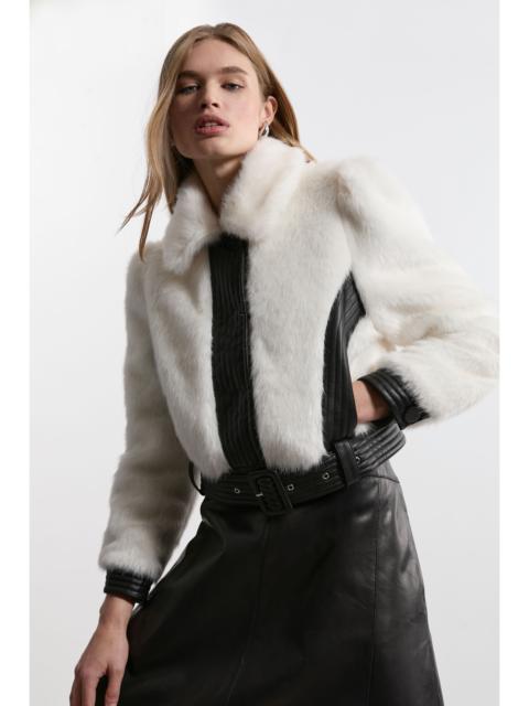 KAREN MILLEN Petite Faux Fur Pu Panelled Belted Cropped Jacket