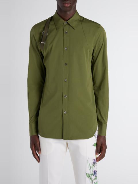Alexander McQueen McQueen Logo Tape Harness Stretch Cotton Button-Up Shirt in Military Green at Nordstrom