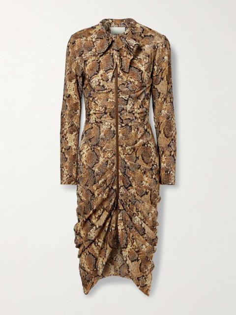 Connie pussy-bow ruched snake-print devoré silk-blend midi dress