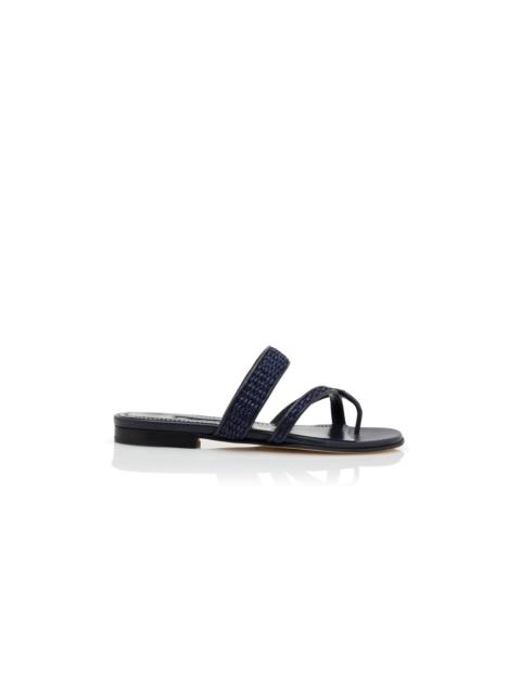 Manolo Blahnik Navy Blue Raffia Flat Sandals