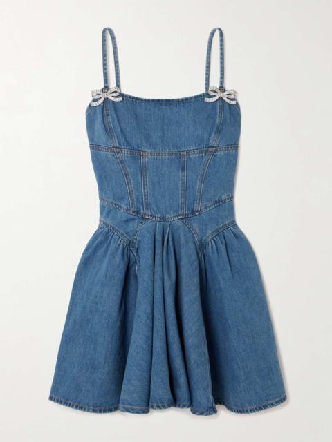 Embellished paneled denim mini dress Blue