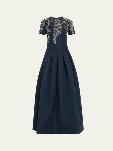 Oscar de la Renta Fern Embroidered Short-Sleeve Pleated Gown