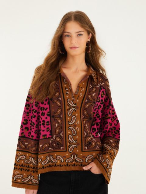 FARM RIO Brown Leopard Scarf Polo Knit Sweater