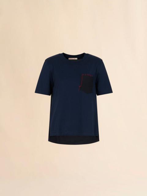 Marni DEEP BLUE COTTON T-SHIRT WITH HANDSTITCHED MARNI LOGO