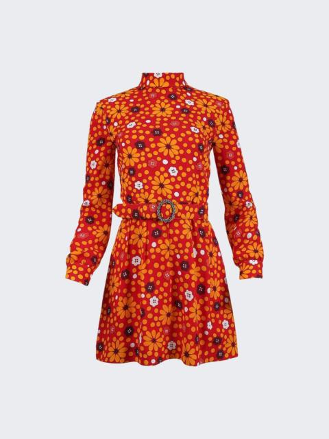 SAINT LAURENT Belted High Neck Flower Print Dress Red And Jaune