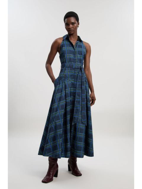 KAREN MILLEN Check Print Taffeta Belted Woven Maxi Shirt Dress