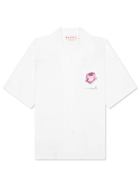 Marni WHITE ORGANIC POPLIN BOWLING SHIRT WITH FLOWER PATCH - LILY WHITE