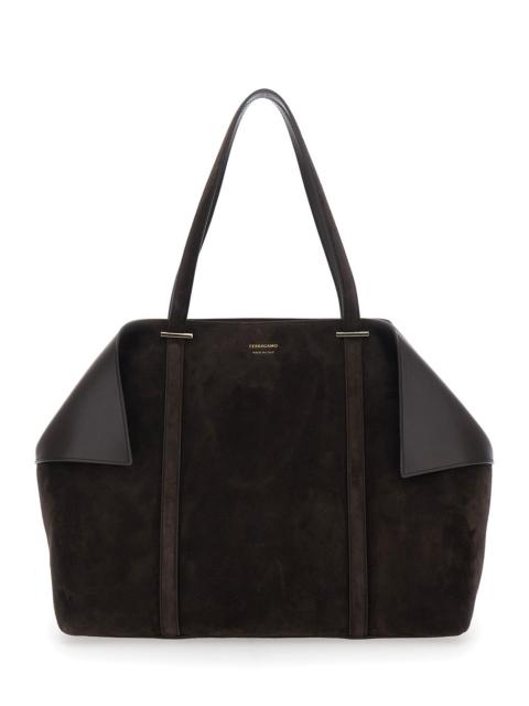 FERRAGAMO Ferragamo Women Brown Tote Bag With Folded Angles And Embossed Logo Lettering On The Front In Suede 