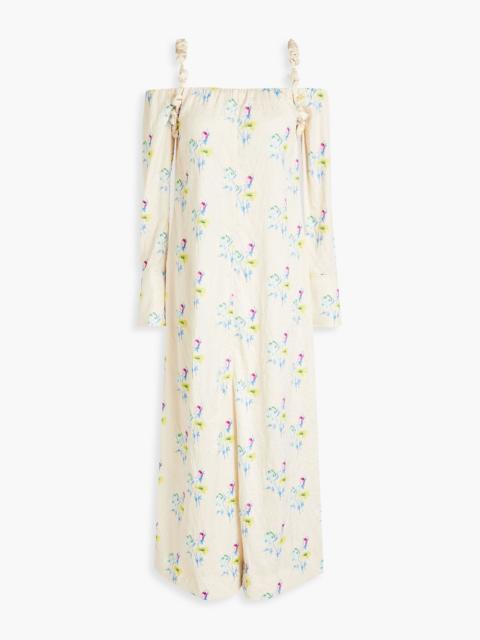 GANNI Cold-shoulder floral-print crinkled-satin midi dress