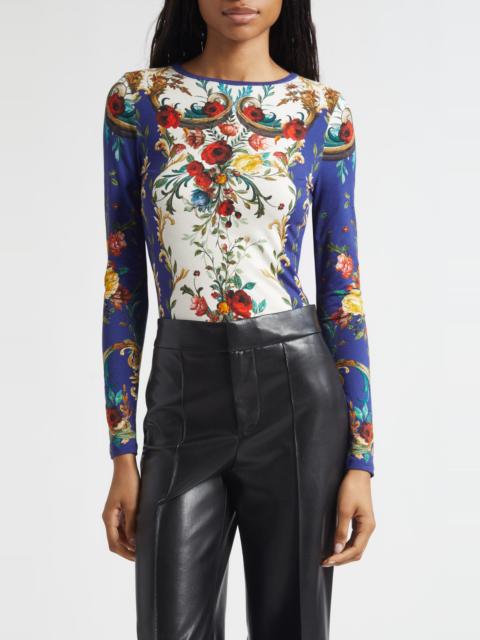 Alice + Olivia Alice + Olivia Delaina Floral Long Sleeve Mesh Top in Gilded Rose at Nordstrom
