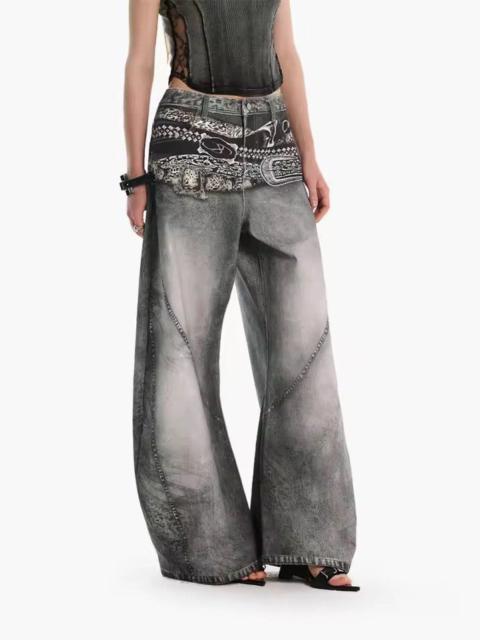 Other Designers Japanese Brand - Mud Wash Wide Leg Denim - Y2K Double Belt Graphic